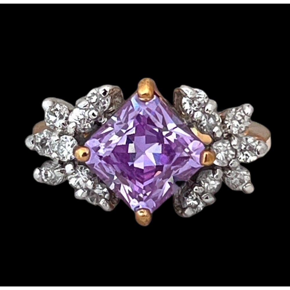 Vintage 1980s Lavender CZ Ring Size 8 Princess Cut 14KTGE Gold Plate - 14F